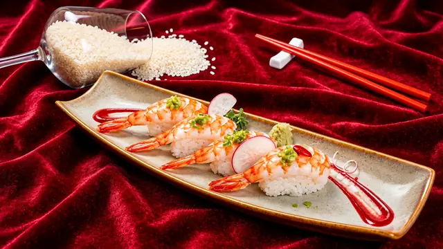 Ebi nigiri with wasabi and radish