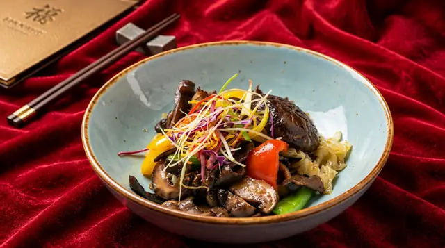 Wild mushroom stir-fry beside the menu